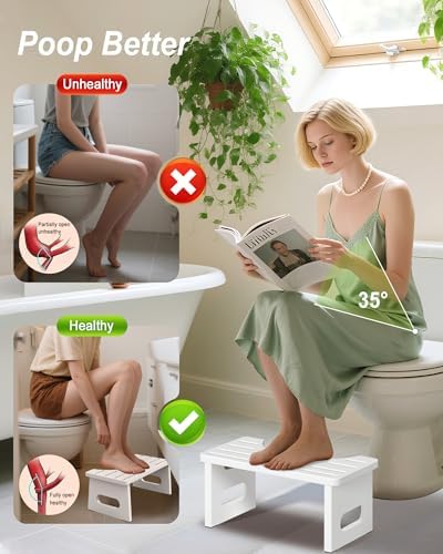 Foldable Toilet Stool, 7 Inches Bamboo Toilet Stool Squat for Adults, Collapsible Poop Stool for Bathroom, Potty Step Stool with Non-Slip Strip (White)