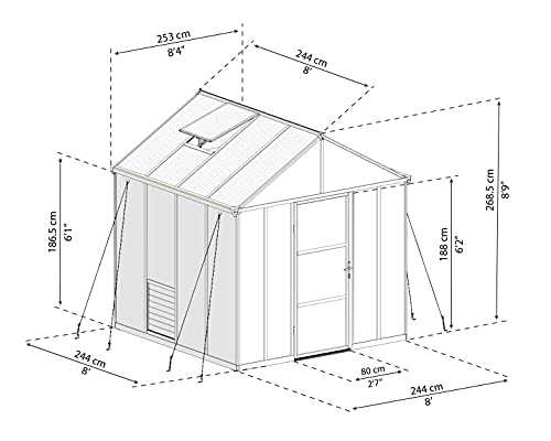 Palram - Canopia Glory 8 Ft. x 8 Ft. Greenhouse Kit with 4 Heavy Duty ShelvesHobby DIY Walk In Green House Heavy Duty Polycarbonate with Aluminium Frame, with Lockable Door and Vent for Garden (Gray)