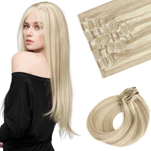 Sassina Clip in Human Hair Extensions 18 Inch Double Skin Weft Clip ins Hair Extensions Golden Blonde to Medium Blonde Invisible Natural Straight Human Hair Full Head 8 Pcs 120 Grams #P16/22