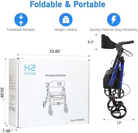 Walkers for Seniors Lightweight with Seat Foldable, Frame 8" Big Wheels Adult Rolling Walker for All Terrain, Dual Adjustable Height Rollator Transport 4 Wheels Walker| Royal Blue