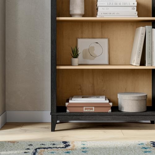 Prepac Ark 78" Tall 5-Tier Arched Bookcase, Black Oak with Oak Finish Interior, Modern Storage Accent Bookshelf with 3 Adjustable Shelves for Home, Office, Living Room, Bedroom