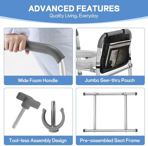 Raised Toilet Seat with Handles, Heavy Duty 500lb Toilet Seat Risers for Seniors, Extra Support Bars for Soft Padded Seat, Adjustable Width&Height Toilet Seat Riser for Disabled-Gray