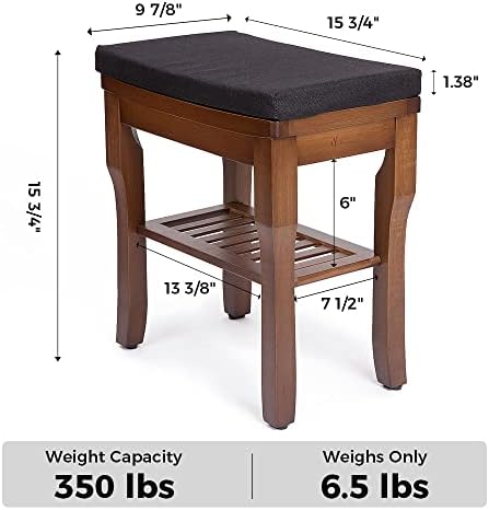 StrongTek Bamboo Shower Bench Seat with Cushion, Shower Stool with Storage Shelf, Lightweight, Non-Slip, Quick-Drain Design, 350 lbs Capacity, Ideal for Bathroom, Spa, Sauna, Living Room