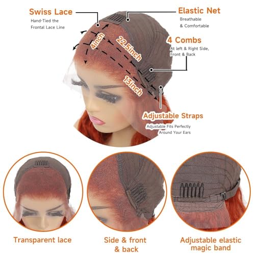 26inch Ginger 13x4 HD Lace Front Wigs Human Hair Straight Lace Frontal Wigs 350 Colored Glueless Ginger Orange 180% Density Pre Plucked With Baby Hair