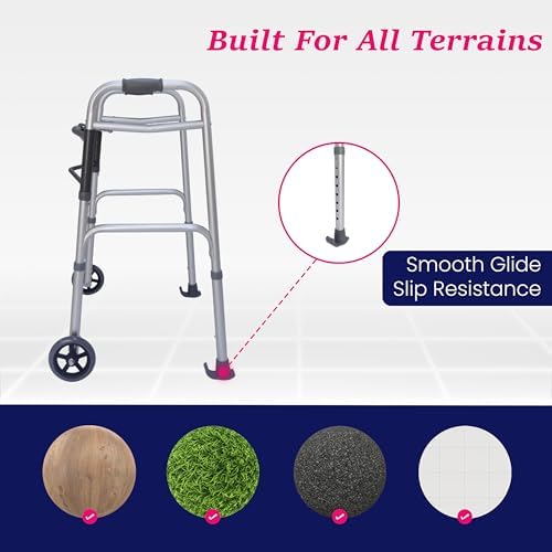 Dr. Aid Premium 2 Button Folding Walker with Wheels, Rolling Front Wheel Walker, Lightweight Walkers for Seniors, Durable Aluminum Frame, Adjustable Height, Supports Up to 400lbs, Aluminum Gray