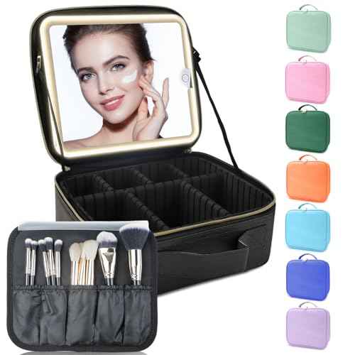 Makeup Bag with Led Mirror,Travel Makeup Organizer with 3 Color Setting, Portable Storage and Adjustable Dividers Travel Makeup Bag(Black)