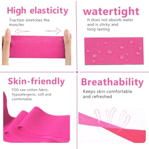 SOON GO Kinesiology Tape Pro 5 Rolls, 2 Inch High Elasticity Sports Tape Therapeutic Pain Relief–Physio Tape for Muscle Recovery & Joint Support, Waterproof & Hypoallergenic & Breathable–Pink