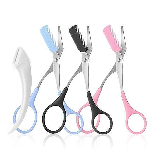 3pcs-Eyebrow Scissors with Eyebrow Razor,Professional Eyebrow Trimmer Scissors with Comb,Non Slip Finger Grips Eyebrow Trimmer, Hair Removal Beauty Accessories for Men Women (Black, Pink, Blue)