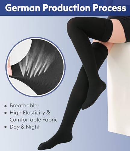 Thigh High Compression Stockings Closed Toe for Men & Women, Opaque, KEKING 15-20mmHg Graduated Compression Leg Support Hose with Silicone Band - Swelling, Varicose Veins, Edema, DVT, Black Medium