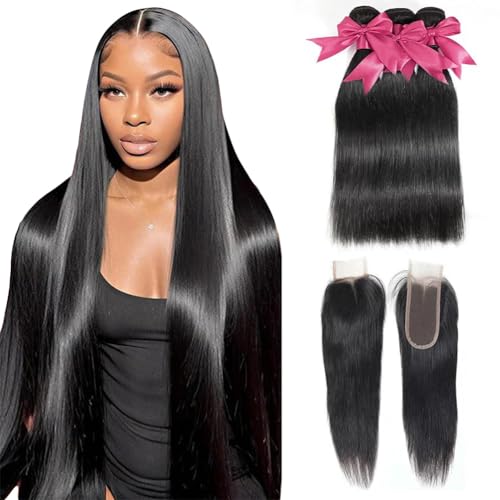 12A Straight Bundles with 2x6 Closure Human Hair 16 18 20 with 14 Inch 100% Unprocessed Brazilian Virgin Human Hair Weave Bundles with 2x6 HD Lace Closure