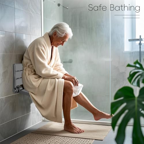 Wall Mounted Shower Seat – 16IN Teak Fold Down Shower Seat for Elderly, Disabled & Pregnant Women – Sturdy Shower Benches for Inside Shower with 400LB Capacity – 2025 Premium White Shower Bench