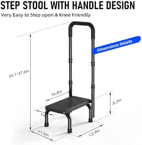 Step Stool with Handle for Ederly and Non-Skid Platform, Height Adjustable Heavy Duty Steps Foot Stool for Adult, Seniors, Foot Stool for Bedside, Kitchen,Bathtub Car,Safely Load 440 lbs. (Black)