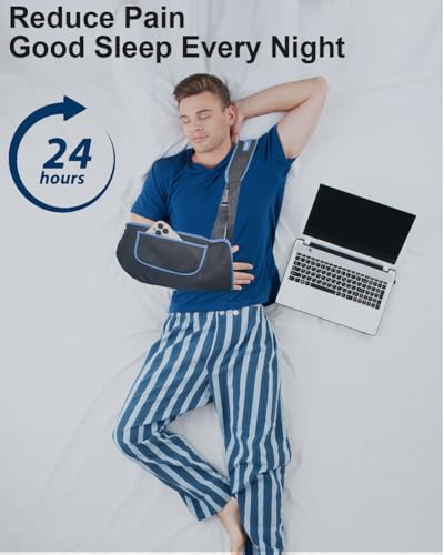 Arm Sling, Upgraded Straps, Ultimate Comfort, Convenient Pocket, Arm Sling Shoulder Immobilizer for Shoulder Injury, Elbow Injury, Wrist Injury, Fractured Bones, Rotator Cuff Support (M, Black & Blue)