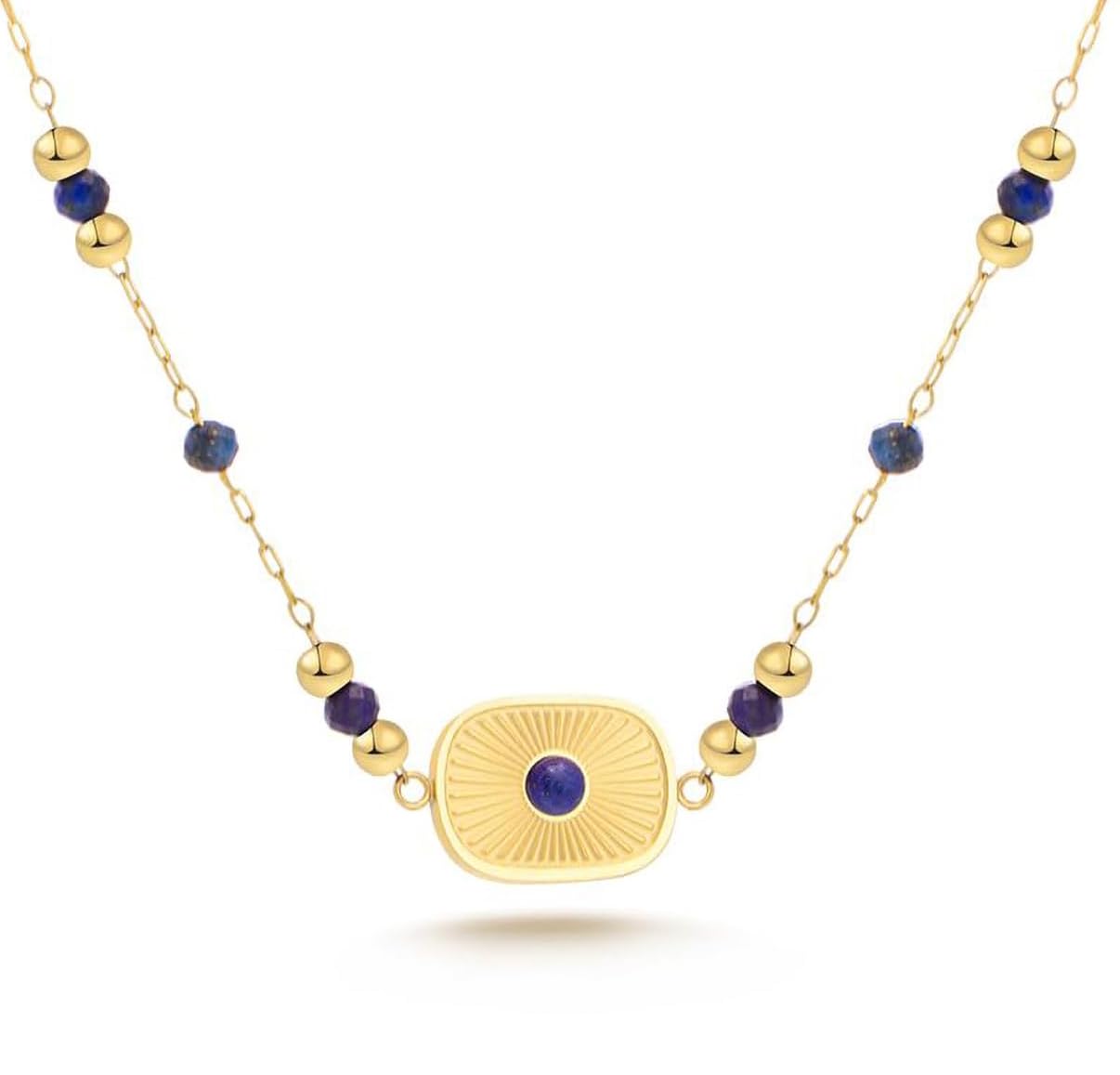 Milan Chiva Natural Gemstone Beaded Pendant Necklace for Women 14K Gold Plated Lightweight Adjustable Lapis Lazuli Jewelry MNS-1001NY