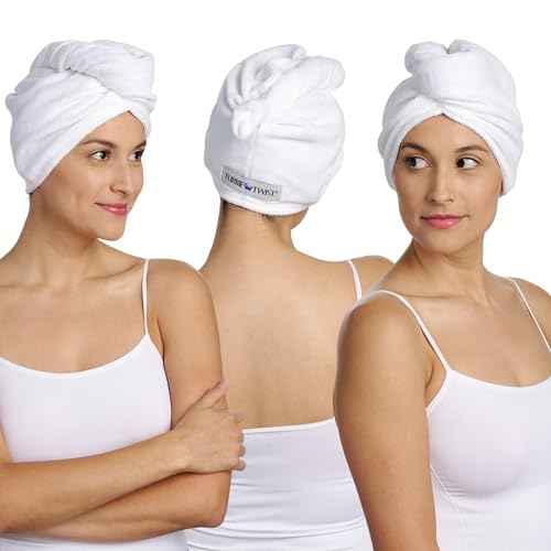 Turbie Twist 3-Pack Cotton Hair Towel Wrap for Beauty, Travel, Gifting - Fast-Drying Hair Turban for Luxurious Hair Care - For All Hair Types & Lengths - White