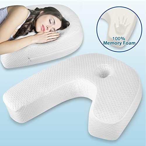 Side Sleeper Pillow J-Shaped Side Sleeper Pillows for Adults Memory Foam Pillow for Neck Shoulder Pain Relief with Ear Hold Removable Washable Cover 1 Pack White