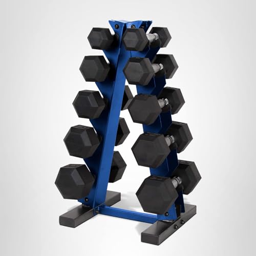 CAP 150 LB Rubber Coated Hex Dumbbell Hand Weight Set with Vertical Storage Rack - Chrome Handle | Blue Rack