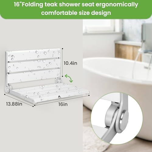 Wall Mounted Shower Seat – 16IN Teak Fold Down Shower Seat for Elderly, Disabled & Pregnant Women – Sturdy Shower Benches for Inside Shower with 400LB Capacity – 2025 Premium White Shower Bench