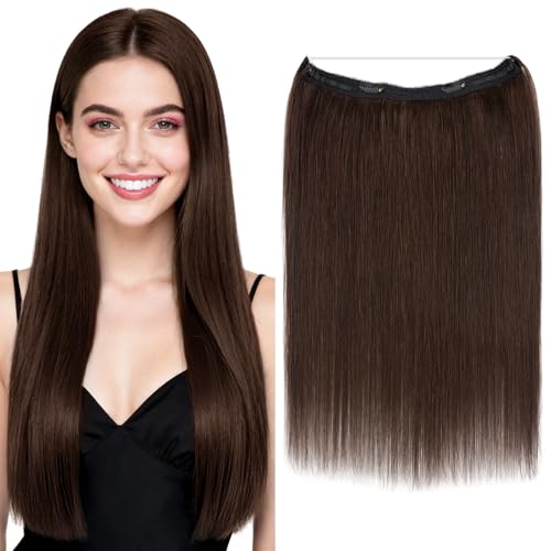 MY-LADY Halo Hair Extensions Real Human Hair for Women Dark Brown Clip in Remy Hairpiece with Adjustable Invisible Wire 20 Inch 70G