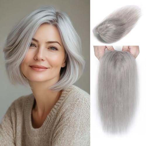 Light Gray Hair Toppers for Women Real Human Hair, 360¡Æ 3D Human Hair with Thinning Hair, Clip in, No Bangs Straight, Swiss Base for Daily 10 Inch (#Light Gray)