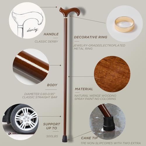 GUYUE Handmade Wooden Walking Cane for Men and Women Ergonomic Wood Cane for Seniors Better Rubber Tips - 37 Inches