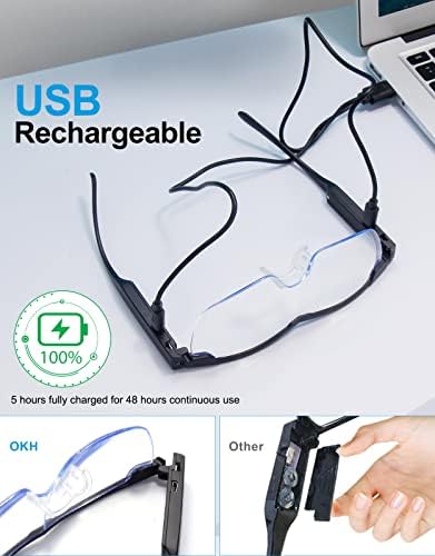 OKH 200% Magnifying Glasses with Light, Rechargeable LED Lighted Magnification Eyeglasses, Anti Blue Light, Bright Sight Hands Free Magnifier for Close Work, Craft, Jewellers, Reading, Hobby