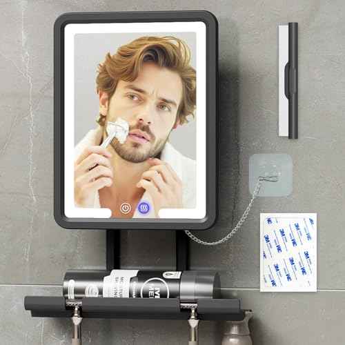 Lighted Anti-Fog Shower Mirror for Shaving - 3 Color Modes Dimming Fogless with Light, 360¡ÆRotation, Rechargeable Shower Mirror with Storage Tray & Razor Holders & Shaving Brush Holders (Grey)