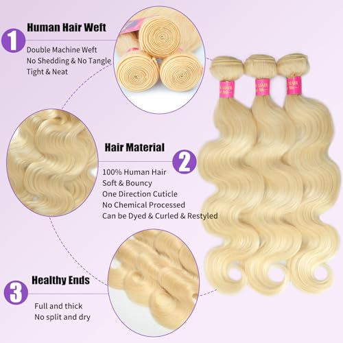 12A Grade Body Wave Blonde Bundles Human Hair 613 Bundles Human Hair 100% Unprocessed Brazilian Virgin Raw Hair Quick Weave 3 Bundle Deals Hair Extensions 12 14 16 Inch