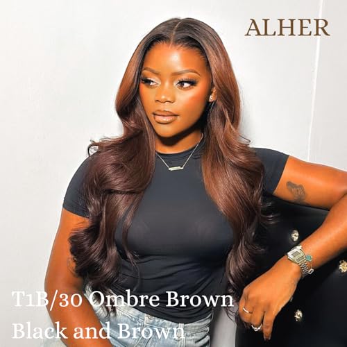 ALHER T1B/30 Human Hair Bundles Body Wave, 12A Ombre Brown Colored 3 Bundles Dark Root Two-tone, 100% Brazilian Virgin Remy Human Hair for Black Women Soft Thick Wavy 14 16 18 Inch