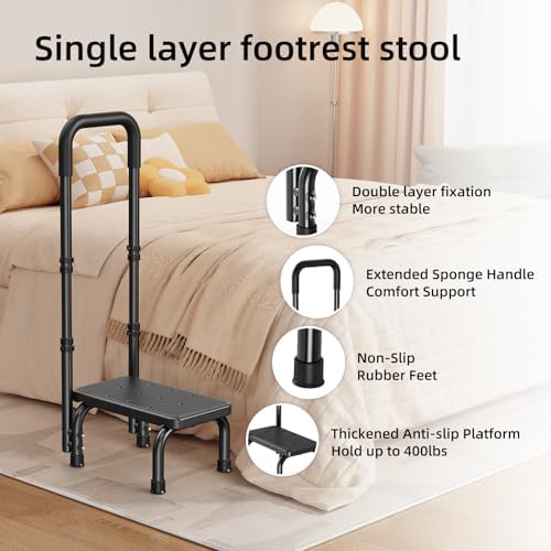 Step Stool with Handle for Ederly and Non-Skid Platform, Height Adjustable Heavy Duty Steps Foot Stool for Adult, Seniors, Foot Stool for Bedside, Kitchen,Bathtub Car,Safely Load 440 lbs. (Black)