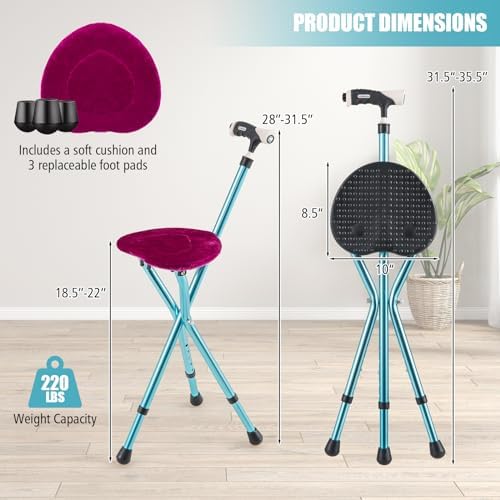 Goplus Walking Cane with Seat, Heavy Duty Aluminum Alloy Crutch Chair with LED Light and Retractable 3 Legs, Portable Anti-Slip Seat Cane, Lightweight Walking Stick for Seniors Elderly