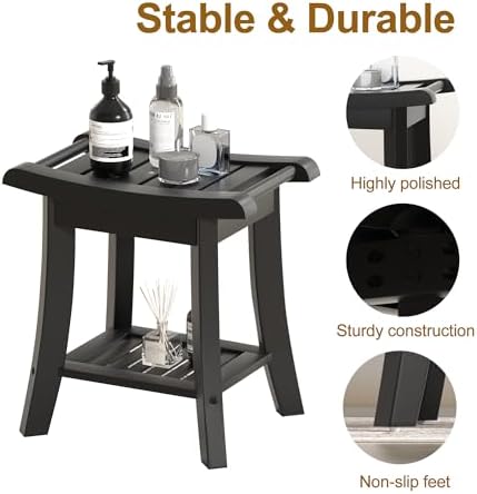 Bamboo Shower Bench Stool with Storage Shelf Small Shower Chair Seat for Inside Shower 16 x 10 x 17 Inches Black