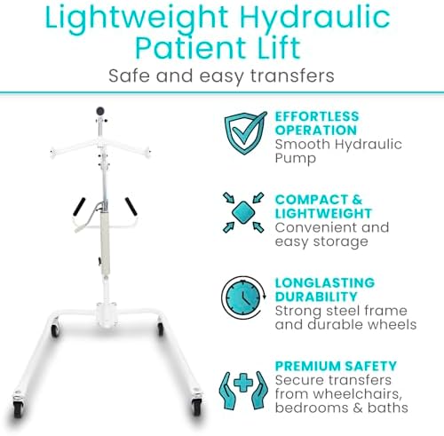 Vive Lightweight Hydraulic Patient Lift for Home Use with Sling - Portable Lift Assist System for Elderly & Disabled - Medical Transfer Aid for Floor, Falls, Car, Wheelchair & Bed - Sit to Stand Lift