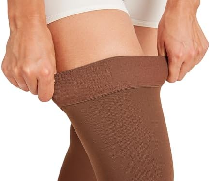 MGANG Medical Thigh High Compression Stockings for Men & Women, Pair, Open Toe, 15-20 mmHg Graduated Compression Support Hose, Opaque, Best for Varicose Veins, Edema, Flight, DVT, Swelling, Brown XL