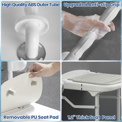 Wall Mounted Shower Seats with Bathroom Grab Bar, Support 550lbs, Adjustable Height Fold Down Shower Seat Wall Mounted, Folding Shower Bench Wall Mounted for Elderly-Adults-Pregnants-Seniors-Disabled