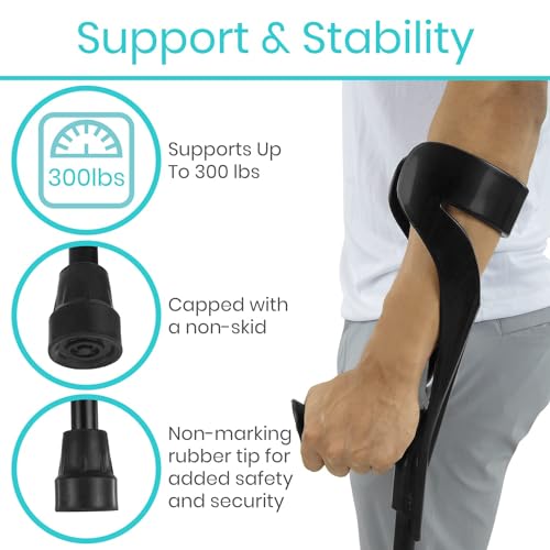 Vive Forearm Crutches (Pair) - Adjustable, Lightweight Arm Crutches Forearm for Adults - Ergonomic Arm Crutch Cuff and Comfortable Handles - Heavy Duty Crutches Non Slip Skid Replaceable Rubber Tips