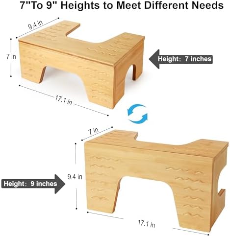 Foldable Toilet Stool Squat, 7" & 9" Adjustable Heights Bamboo Flip Poop Stool for Adults and Kids with Non-Slip Layer - Improve Bathroom Posture and Comfort, No Assembly Required,Natural