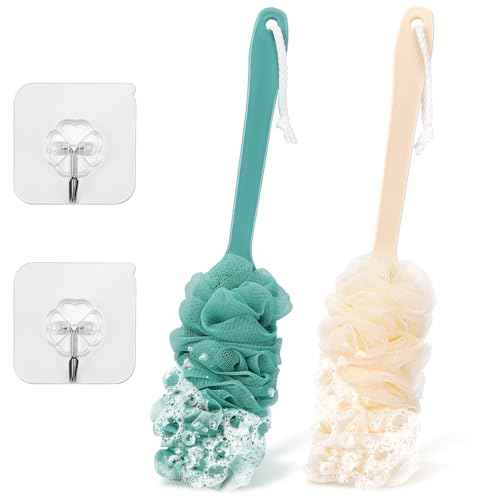 2Pack Back Scrubber for Shower Loofah with Long Handle, Shower Brush for Body, 17¡È Loofah on a Stick for Men Women Bathing Accessories, Scrubber Sponge for Exfoliating Bath Brushes (Beige & Green)