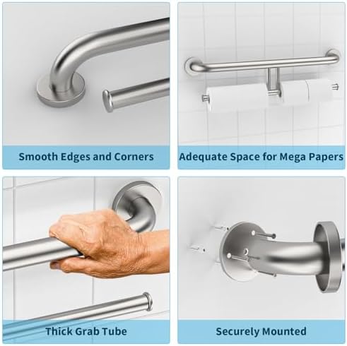 Brushed Nickel Handicap Grab Bars 24 Inch, Stainless Steel Bathroom Safety Grab Bar w/Toilet Paper Holder, Wall Mounted Tissue Paper Roll Holder, Assistance Toilet Shower Handle for Elderly Senior