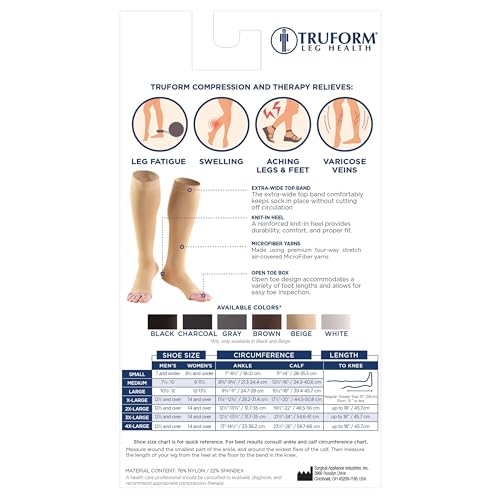 Truform 20-30 mmHg Medical Compression Stockings, Smooth Stretch Microfiber, Knee High, Open Toe, Black, X-Large
