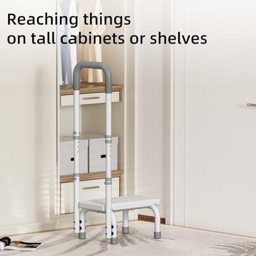 Step Stool with Handle for Ederly and Non-Skid Platform, Height Adjustable Heavy Duty Steps Foot Stool for Adult, Seniors, Foot Stool for Bedside, Kitchen,Bathtub Car,Safely Load 440 lbs. (White)