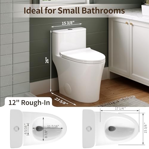 DeerValley Compact One-Piece Toilet 1.28 GPF Single Flush Fully Skirted Bowl with Soft-Close Seat White Space-Saving Elongated Toilets for Small Bathrooms