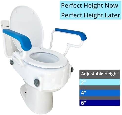 Platinum Health PerfectHeight™ Raised Toilet Seat with Arms. Adjustable Height Now and The Future. Integrated Clean-Funnel. Never Loosens