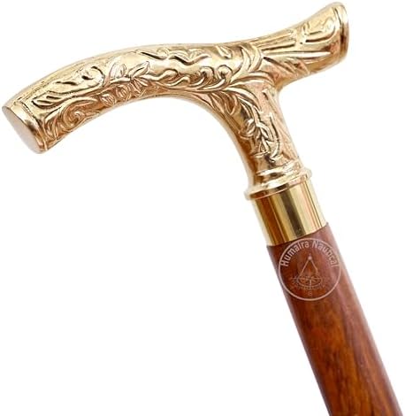 Vintage Brass Walking Stick – Handmade Wooden Cane with Solid Brass Handle – Antique Style Collectible Walking Cane for Men, Women & Seniors – Unique Gift Idea