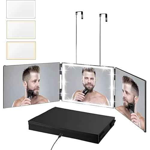 Vanexiss Rechargeable 3 Way Mirror for Hair Cutting, Real Glass Adjustable Trifold Mirror with 3 Color Temps LED Light & Telescoping Hooks for Makeup, Shaving & Styling