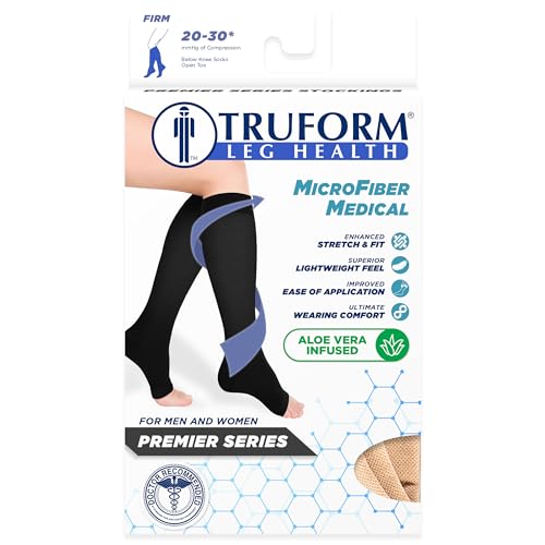 Truform 20-30 mmHg Medical Compression Stockings, Aloe Infused Microfiber, Knee High, Open Toe, Beige, 3X-Large