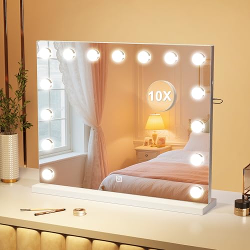 S'bagno Vanity Mirror with Lights, 12 Dimmable LED Bulbs Hollywood Mirror, 3 Color Modes & Memory Function Makeup Mirror with Lights, Detachable 10X Magnification, Touch Control, USB-A(19''x14'')