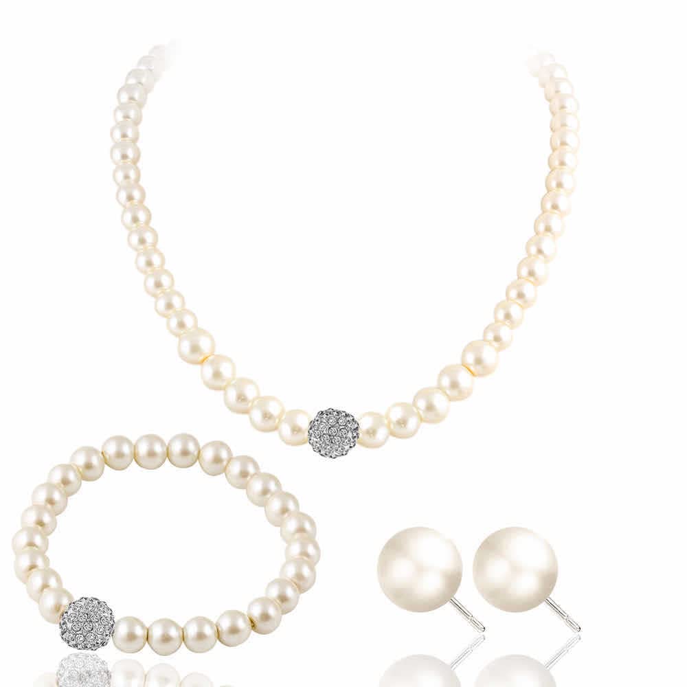 tenghong2021 Fashion Classic Faux Pearl Jewelry Set Necklace Bracelet Earrings for Women Best Gift (Beige CZ)