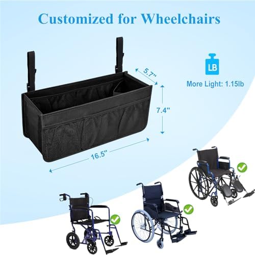 Dotday Wheelchair Basket for Back, Large Capacity Wheelchair Backpack Storage Bag with Cup Holder
