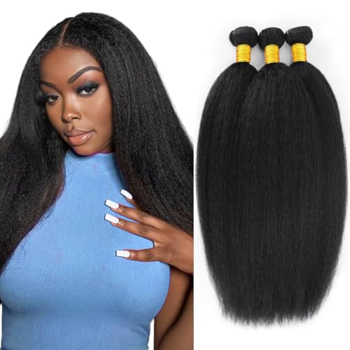 Yaki Straight Bundles Kinky Straight Human Hair 12A 100% Unprocessed Brazilian Virgin Hair for Black Women - Natural Black Hair Extension 14 16 18 Inch